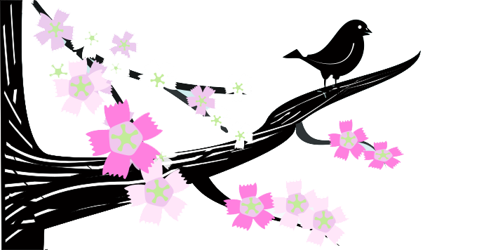 black tree, bird, pink flower png #41534